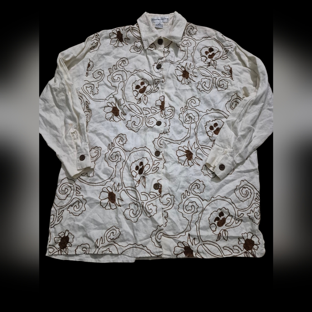 Vtg Andrea Jovine Button Down 100% Linen Embroired